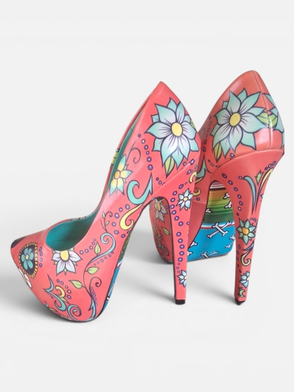 RARE Taylor Says "Skully" Coral Sugar Skull Platform Pumps Sz 6.5 Fits 6 - Picture 2 of 4